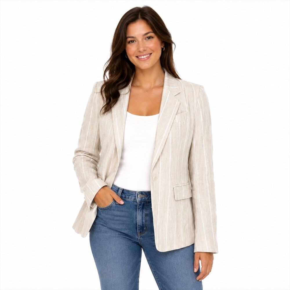 Linen Blazer Olivaceous Size S Women's Striped  Jacket Beige One Button Coastal